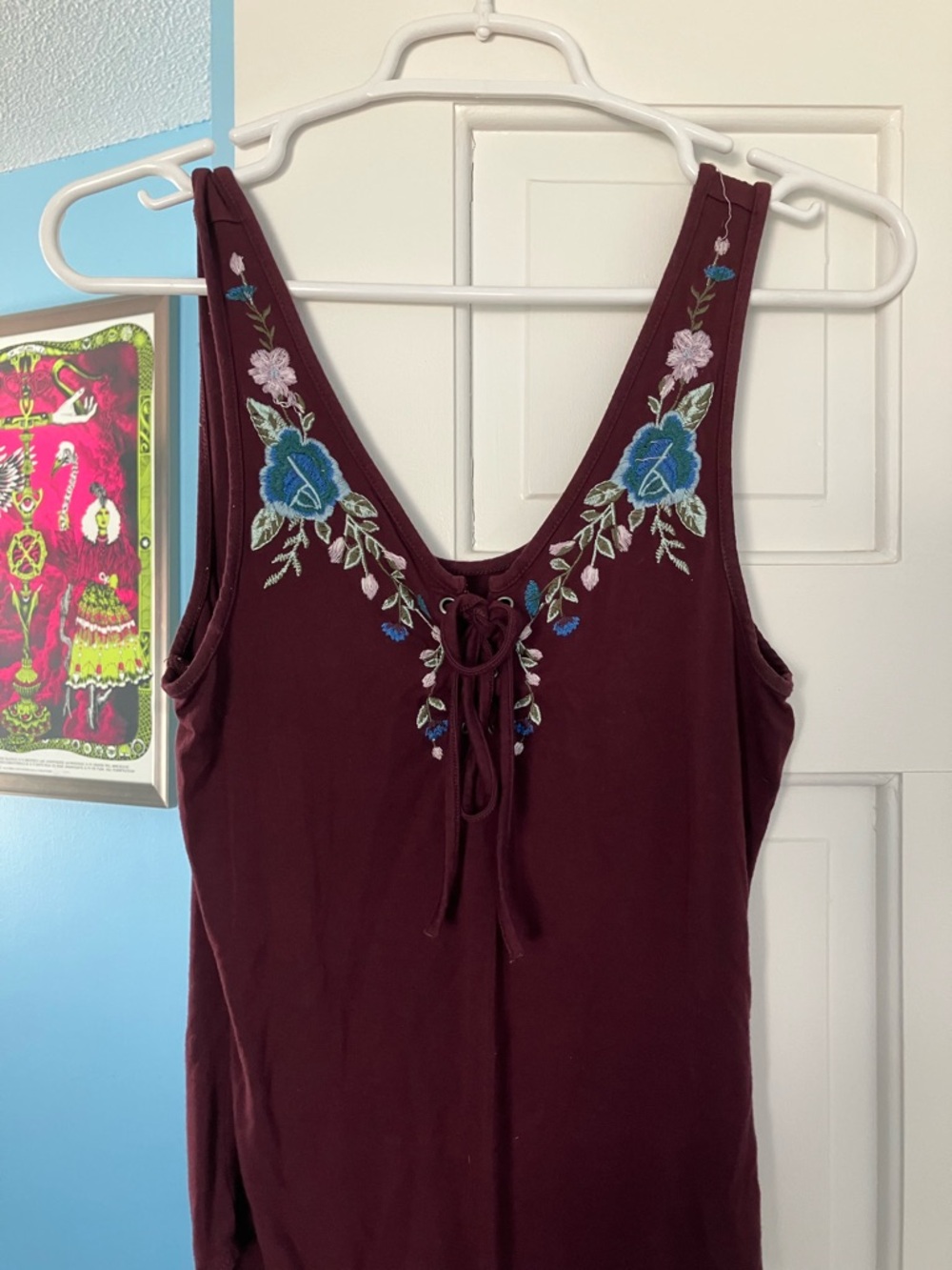American Eagle Outfitters Lace-Up Floral Embroidered Bodysuit - Maroon